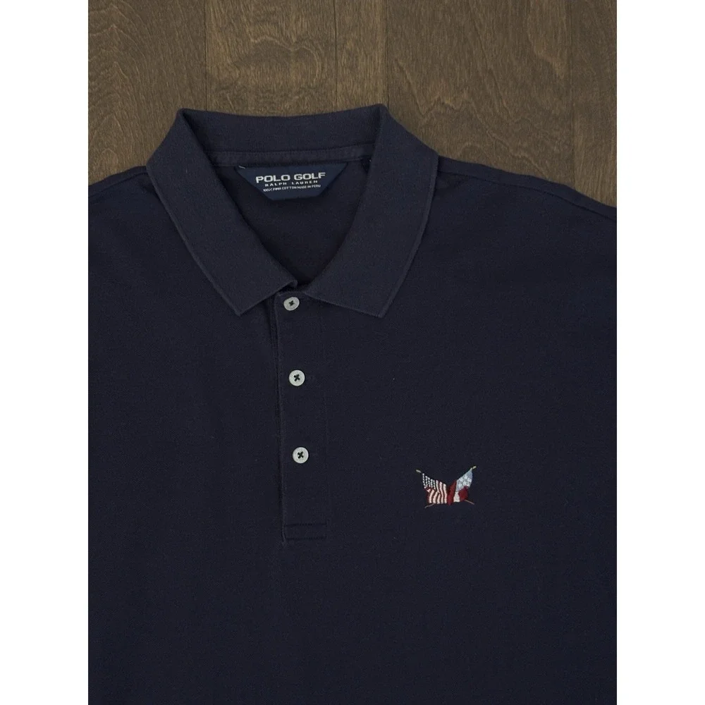 Ralph Lauren Polo Golf Shirt Mens Size XL Blue USA Flag Embroidered Logo Collard